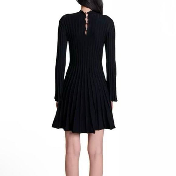 Maje Raffie Ribbed Flared Dress black bell sleeve size 36 - Picture 2 of 8